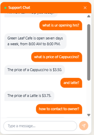 AgentNexus AI chat widget answering a customer's question about opening hours and pricing